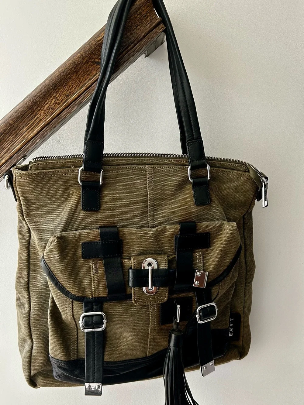 L.A.M.B. Olive Canvas Messenger Bag with Black Trim